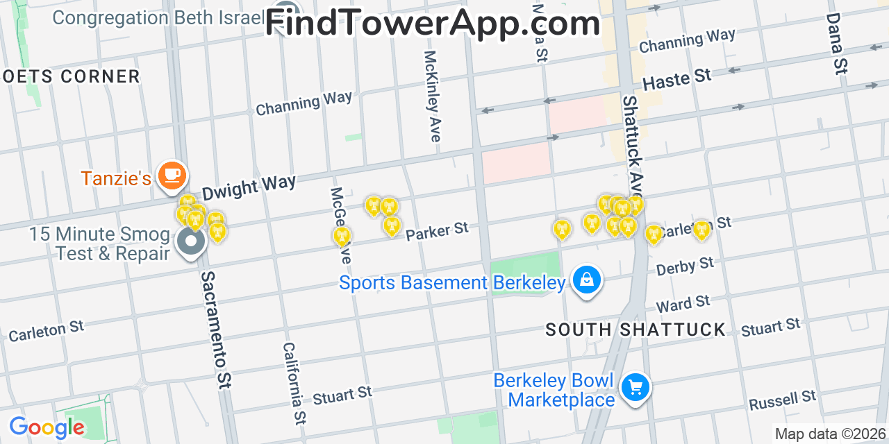 Map showing the 20 primary cell tower locations detected in Berkeley, California from AT&T, Verizon, and T-Mobile networks