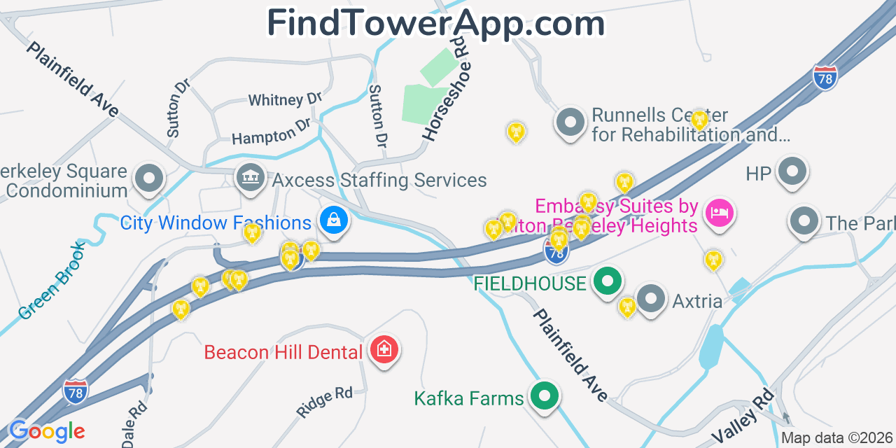 Map showing the 20 primary cell tower locations detected in Berkeley Heights, New Jersey from AT&T, Verizon, and T-Mobile networks