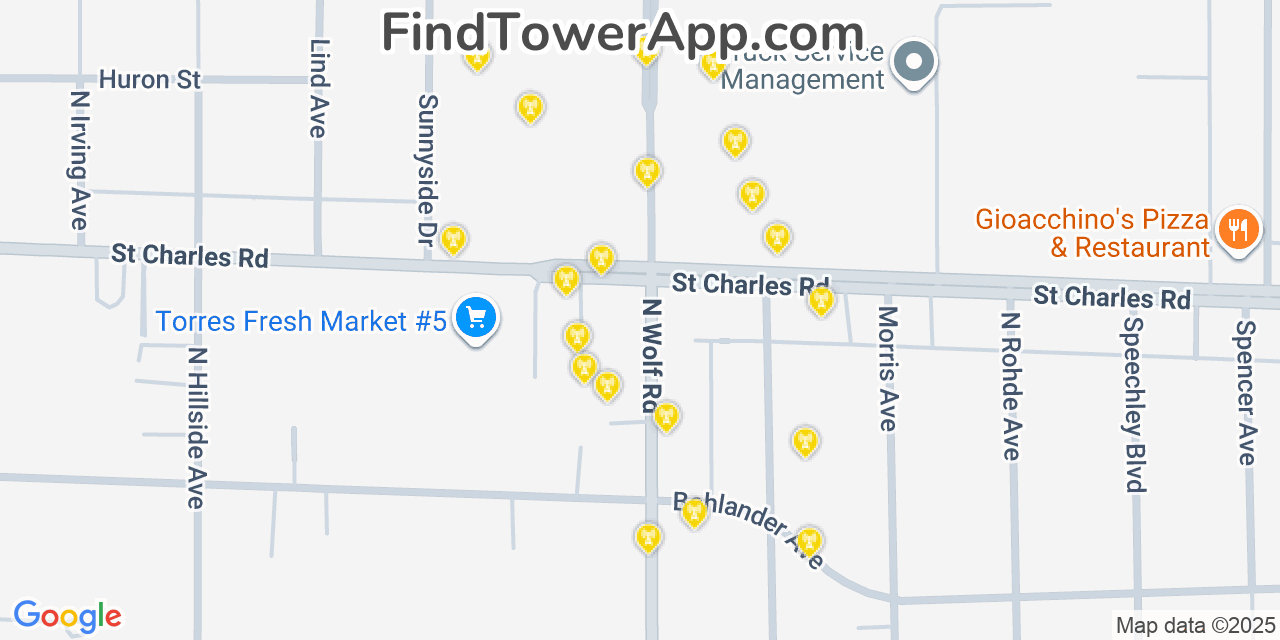 Map showing the 20 primary cell tower locations detected in Berkeley, Illinois from AT&T, Verizon, and T-Mobile networks
