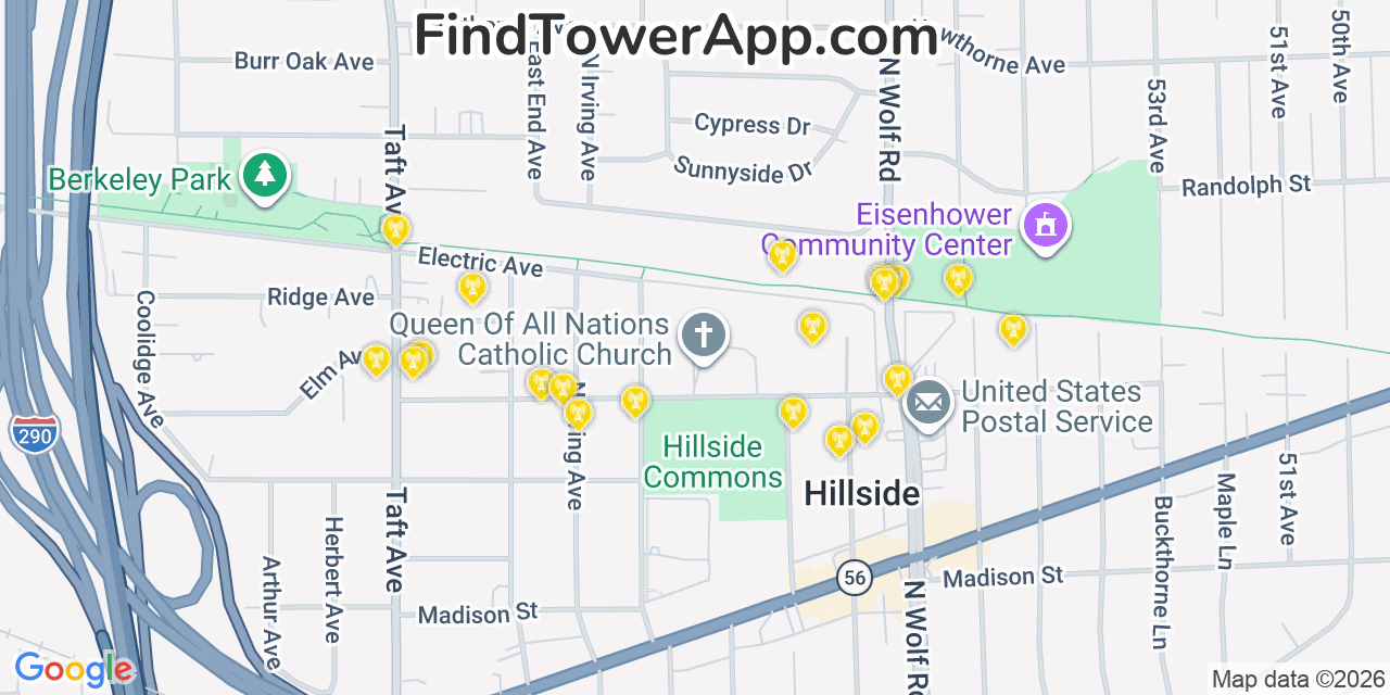 Map showing the 20 primary cell tower locations detected in Berkeley, Illinois from AT&T, Verizon, and T-Mobile networks