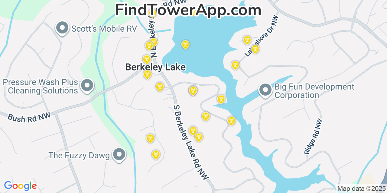 Map showing the 20 primary cell tower locations detected in Berkeley Lake, Georgia from AT&T, Verizon, and T-Mobile networks