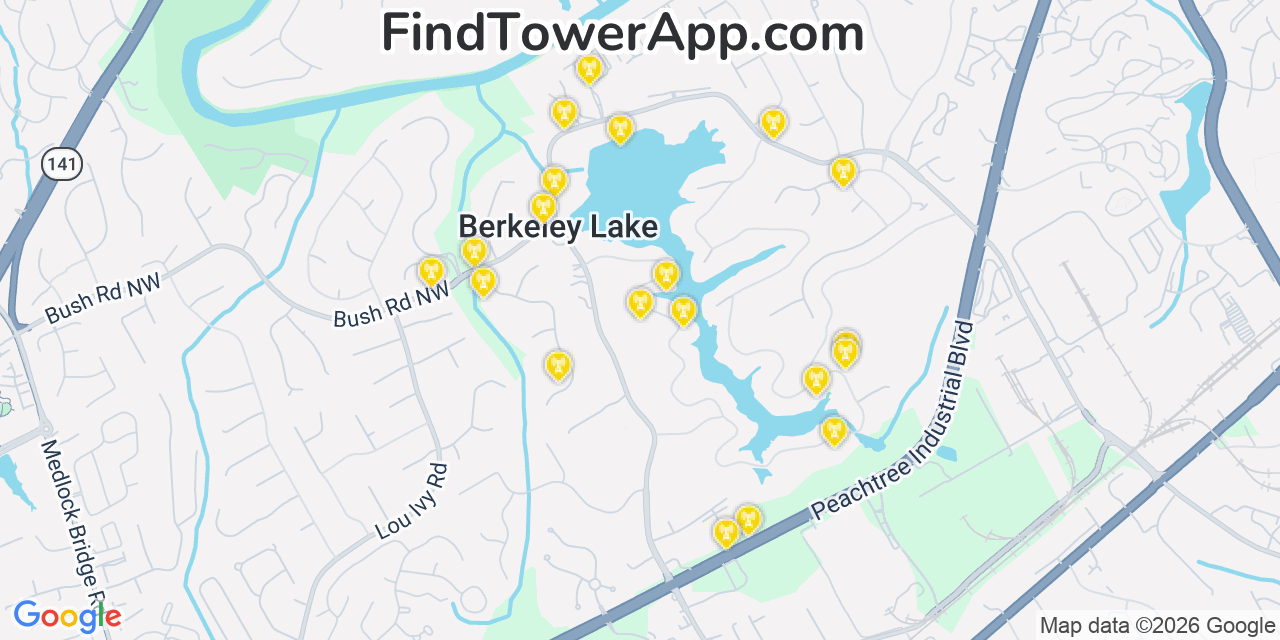 Map showing the 20 primary cell tower locations detected in Berkeley Lake, Georgia from AT&T, Verizon, and T-Mobile networks