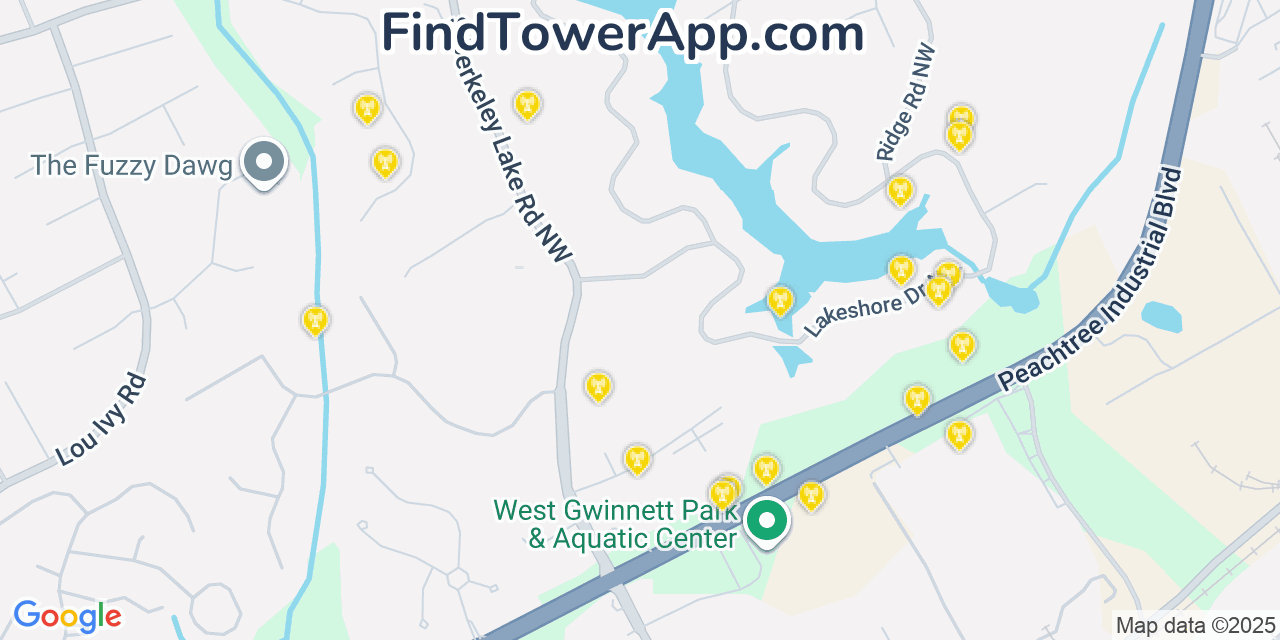 Map showing the 20 primary Mobitel cell tower locations detected in Berkeley Lake, Georgia with coverage radius and signal strength indicators
