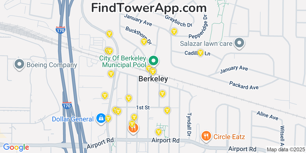 Map showing the 20 primary cell tower locations detected in Berkeley, Missouri from AT&T, Verizon, and T-Mobile networks