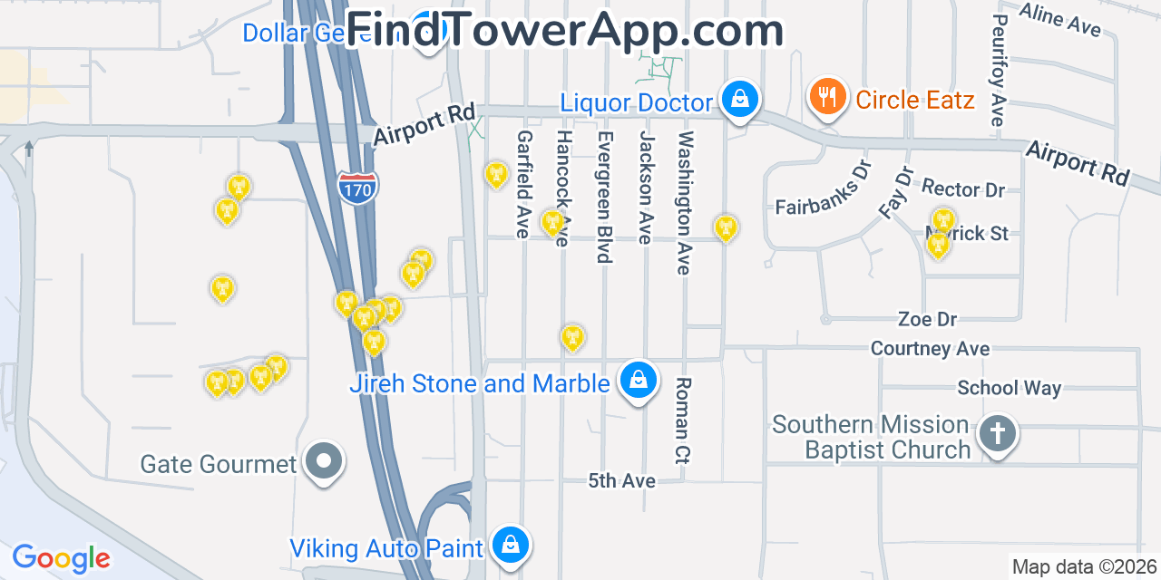 Map showing the 20 primary cell tower locations detected in Berkeley, Missouri from AT&T, Verizon, and T-Mobile networks