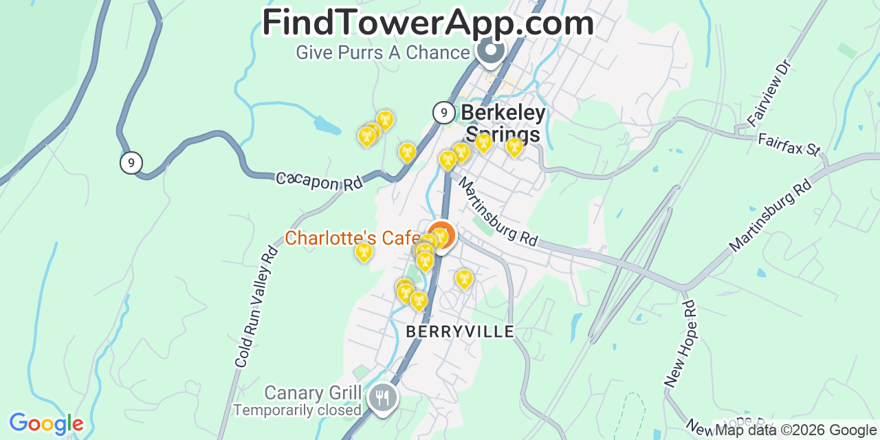 Map showing the 20 primary cell tower locations detected in Berkeley Springs, West Virginia from AT&T, Verizon, and T-Mobile networks
