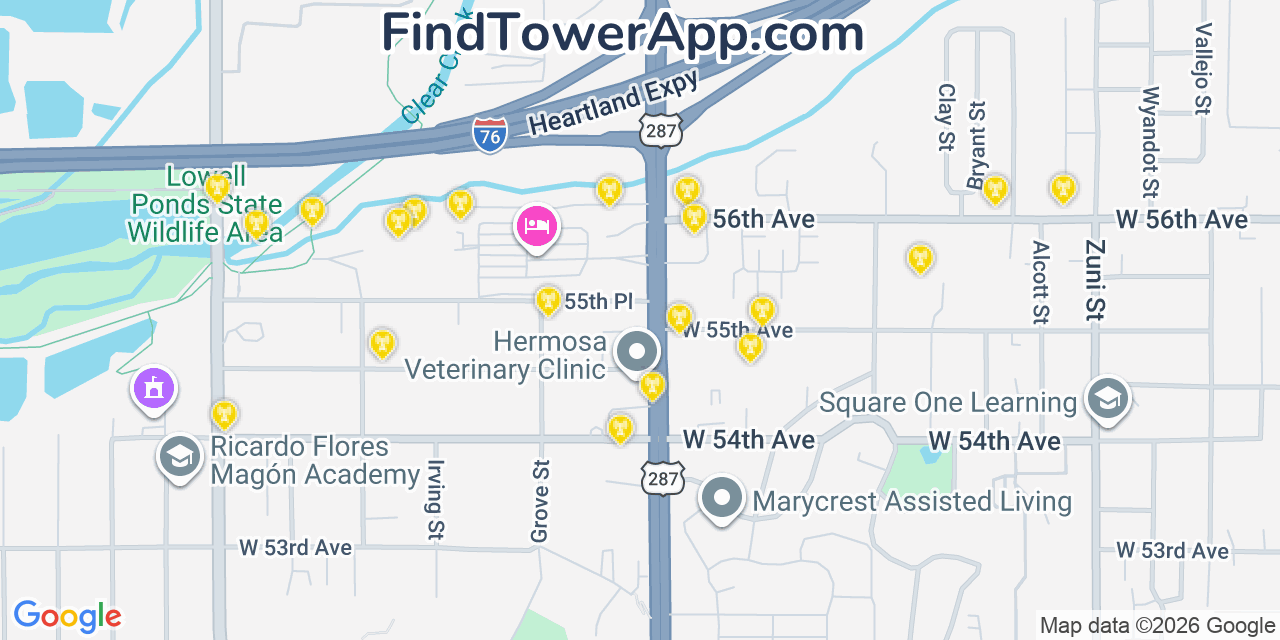 Map showing the 20 primary cell tower locations detected in Berkley, Colorado from AT&T, Verizon, and T-Mobile networks