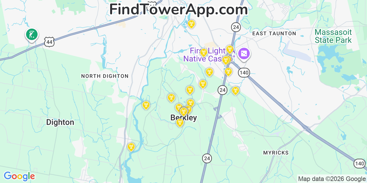 Map showing the 20 primary cell tower locations detected in Berkley, Massachusetts from AT&T, Verizon, and T-Mobile networks