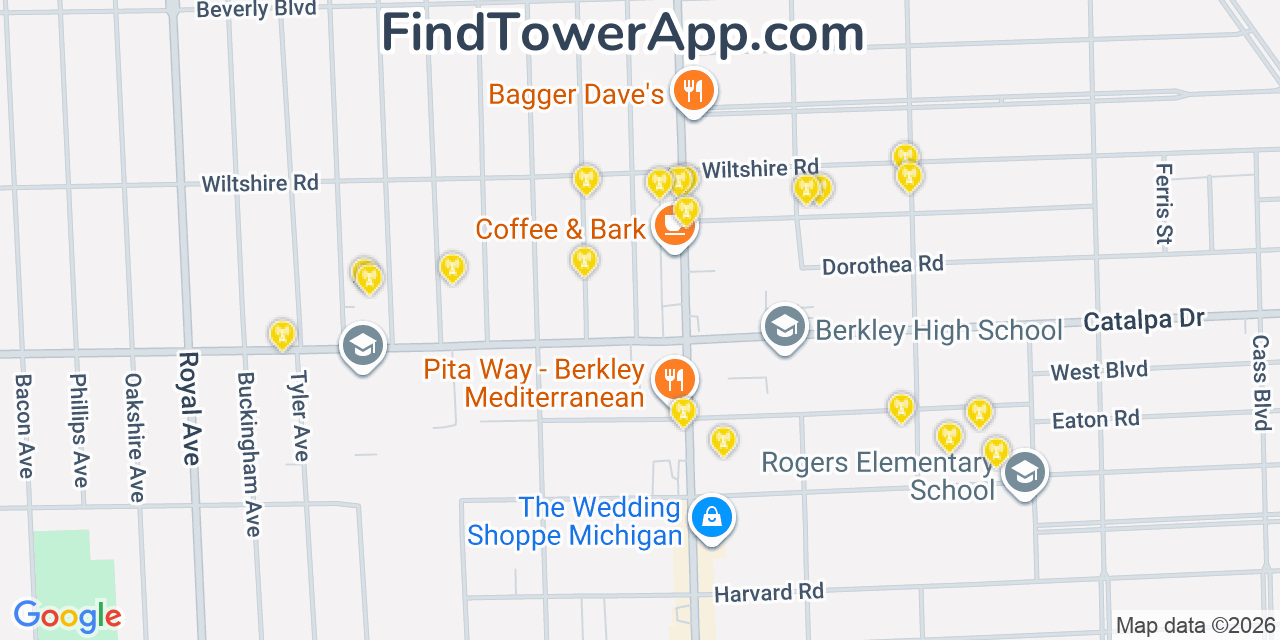 Map showing the 20 primary cell tower locations detected in Berkley, Michigan from AT&T, Verizon, and T-Mobile networks