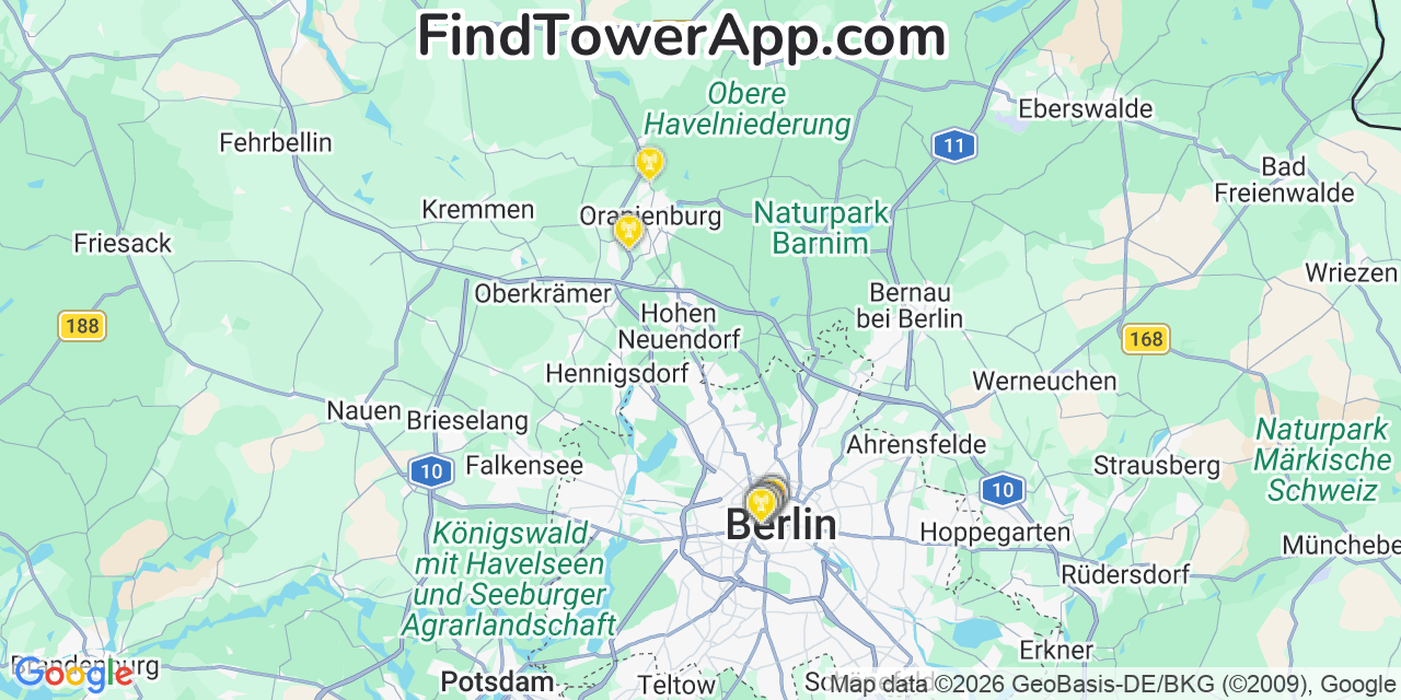 Map showing the 24 primary AT&T cell tower locations detected in Berlin, Germany0