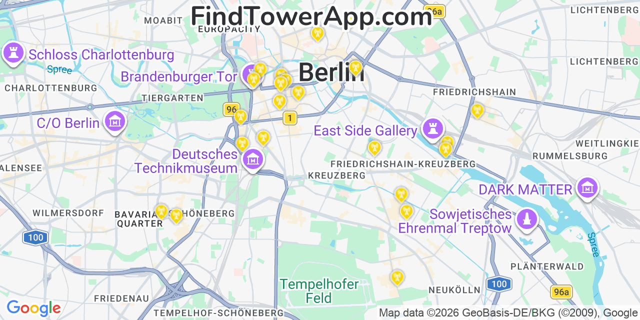 Map showing the 23 primary T-Mobile cell tower locations detected in Berlin, Germany0