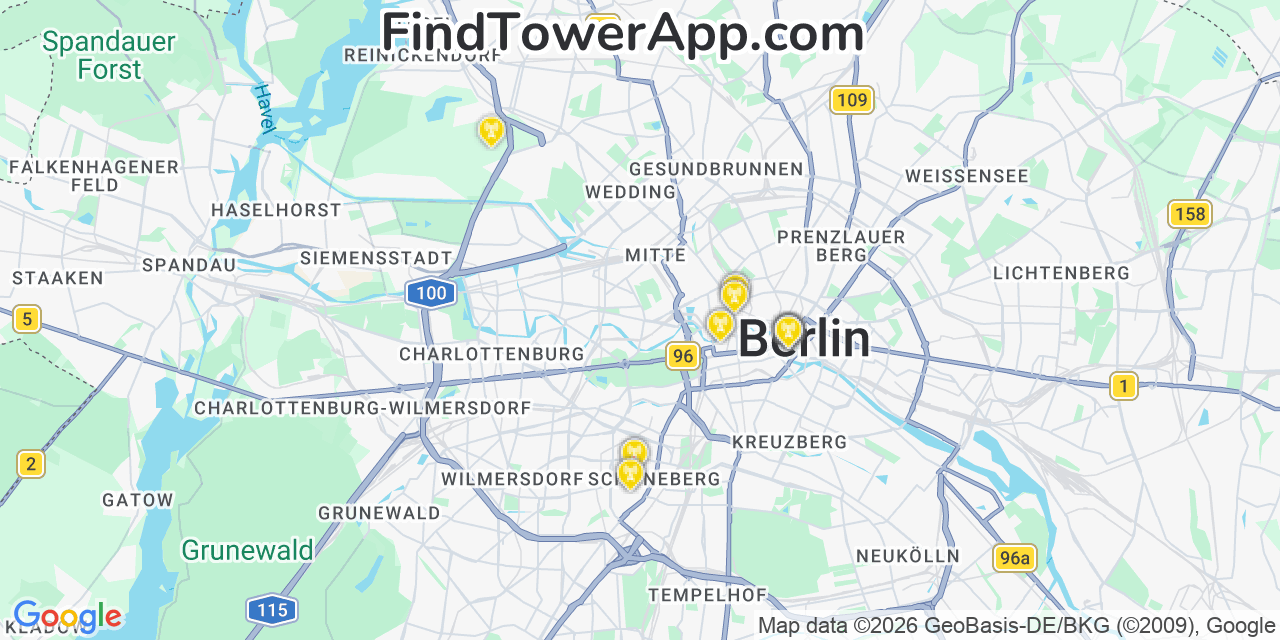 Map showing the 20 primary Verizon cell tower locations detected in Berlin, Germany0
