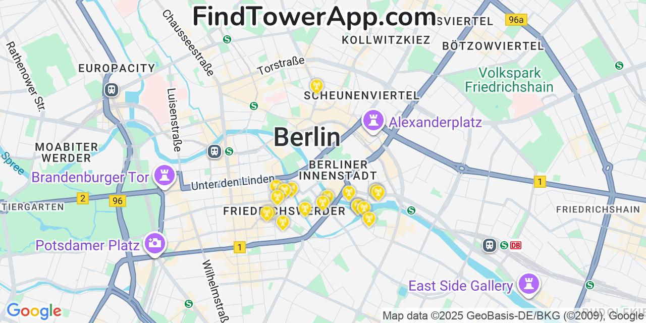 Map showing the 20 primary cell tower locations detected in Berlin, Germany with coverage areas and signal strength