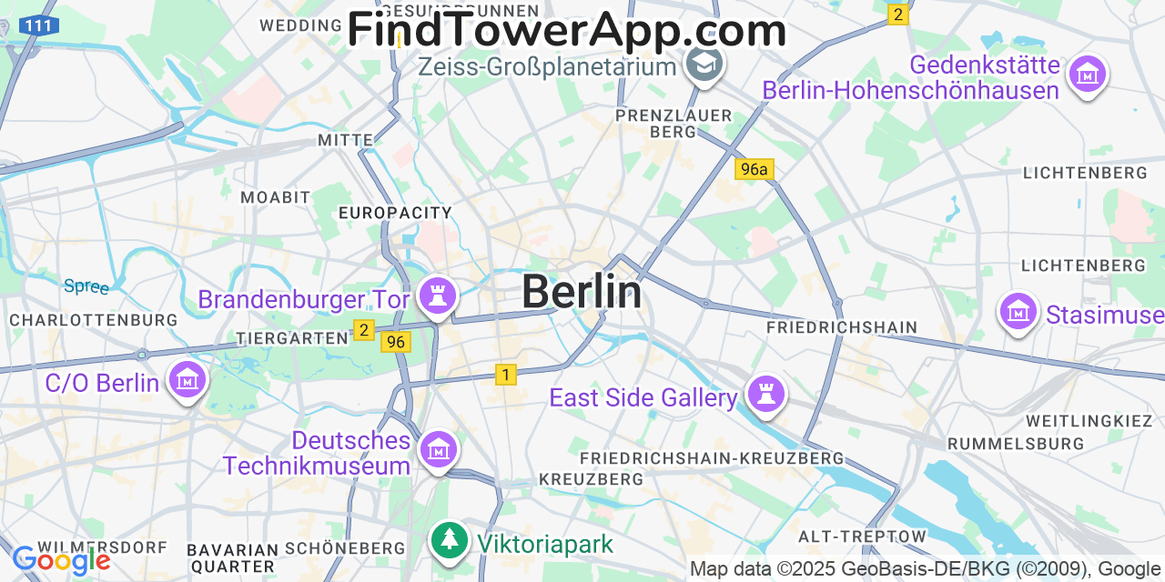 Map showing the 0 primary O2 cell tower locations detected in Berlin, Germany with coverage radius and signal strength indicators