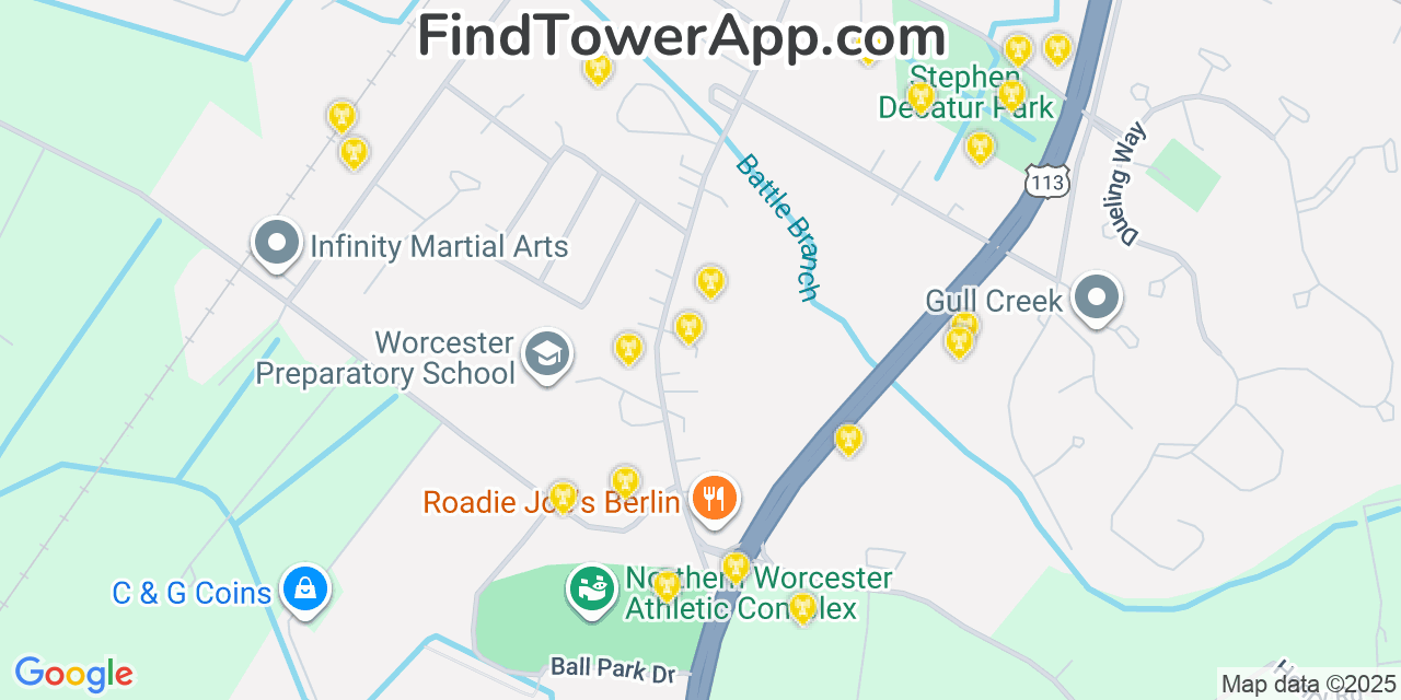 Map showing the 20 primary cell tower locations detected in Berlin, Maryland from AT&T, Verizon, and T-Mobile networks