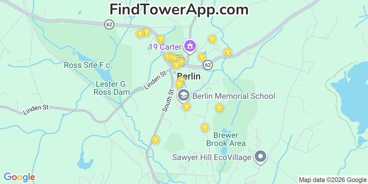 Map showing the 20 primary cell tower locations detected in Berlin, Massachusetts from AT&T, Verizon, and T-Mobile networks