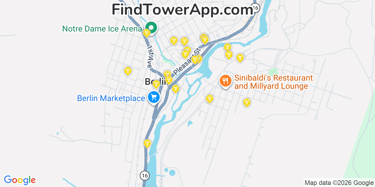 Map showing the 20 primary cell tower locations detected in Berlin, New Hampshire from AT&T, Verizon, and T-Mobile networks