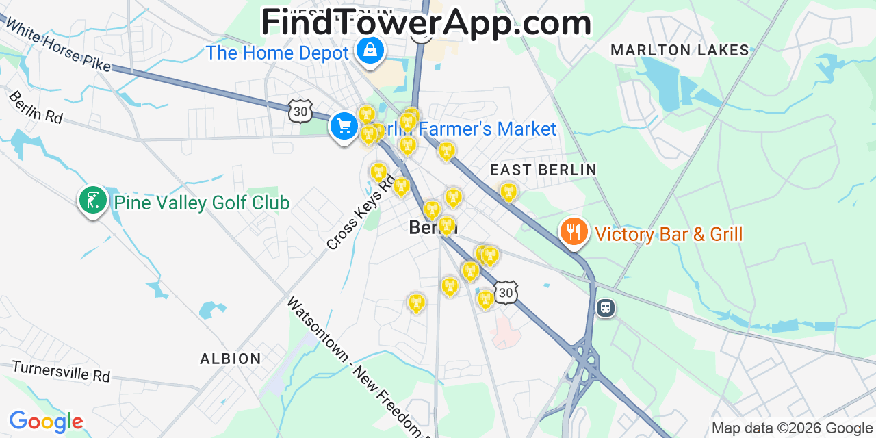 Map showing the 20 primary cell tower locations detected in Berlin, New Jersey from AT&T, Verizon, and T-Mobile networks