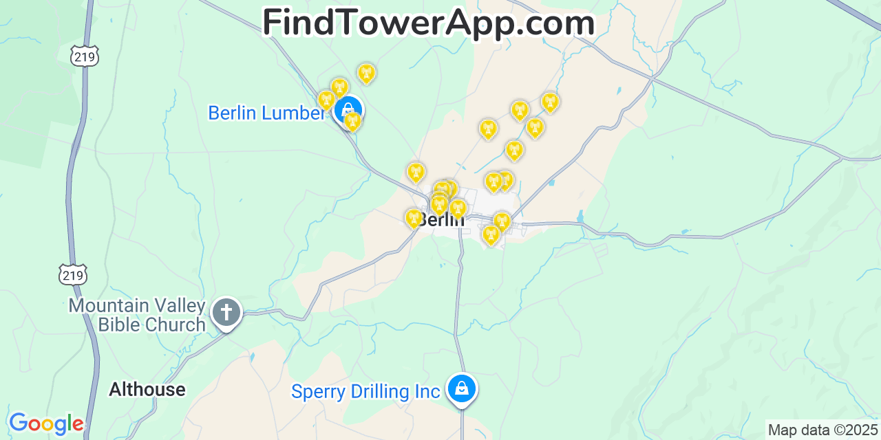Map showing the 20 primary cell tower locations detected in Berlin, Pennsylvania from AT&T, Verizon, and T-Mobile networks
