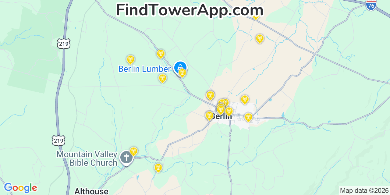Map showing the 20 primary cell tower locations detected in Berlin, Pennsylvania from AT&T, Verizon, and T-Mobile networks