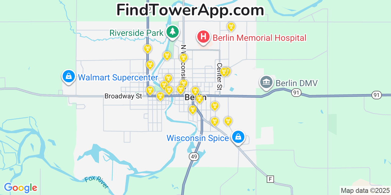 Map showing the 20 primary cell tower locations detected in Berlin, Wisconsin from AT&T, Verizon, and T-Mobile networks