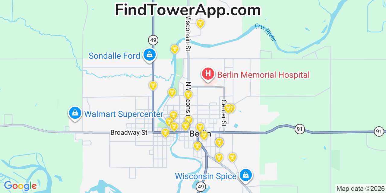 Map showing the 20 primary cell tower locations detected in Berlin, Wisconsin from AT&T, Verizon, and T-Mobile networks