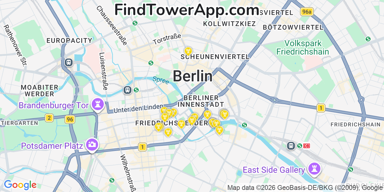 Map showing the 20 primary cell tower locations detected in Berlin, @@3Vn5I from AT&T, Verizon, and T-Mobile networks