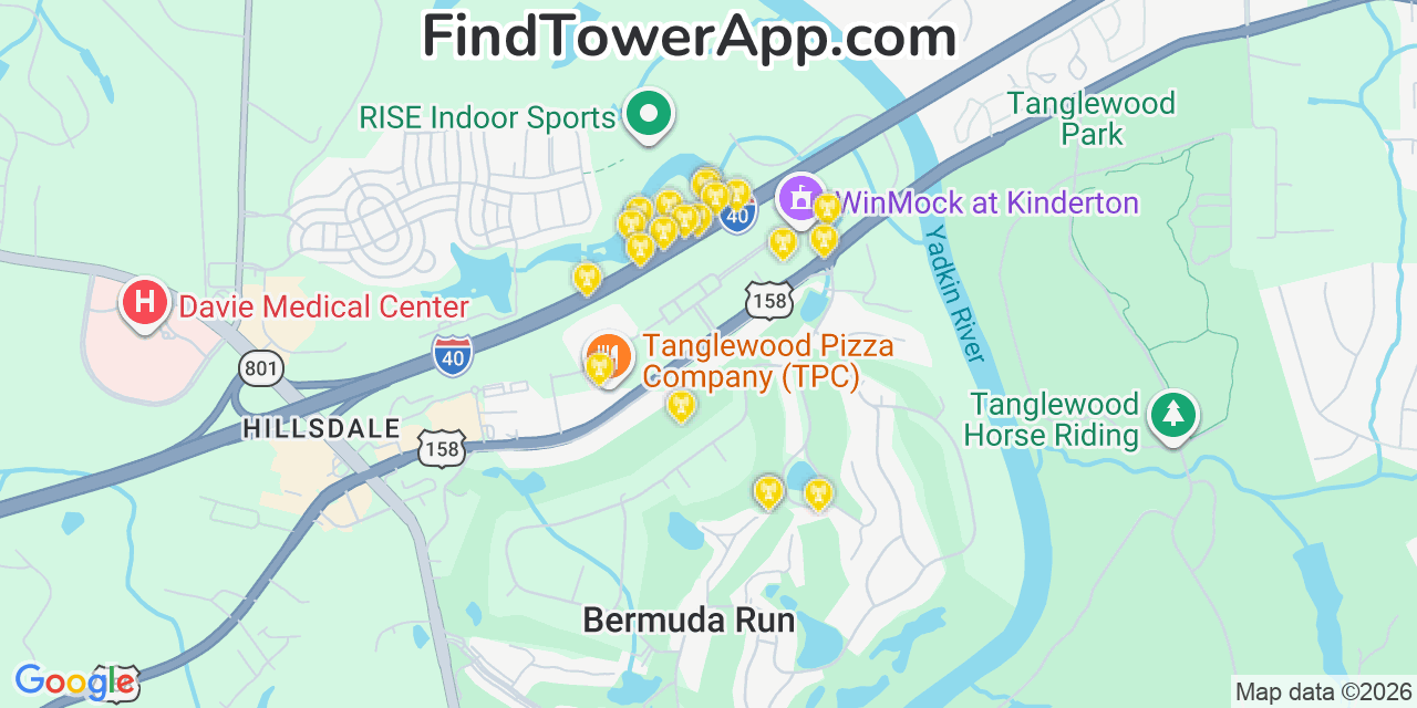 Map showing the 20 primary cell tower locations detected in Bermuda Run, North Carolina from AT&T, Verizon, and T-Mobile networks