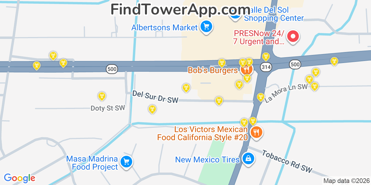 Map showing the 20 primary cell tower locations detected in Bernalillo, New Mexico from AT&T, Verizon, and T-Mobile networks