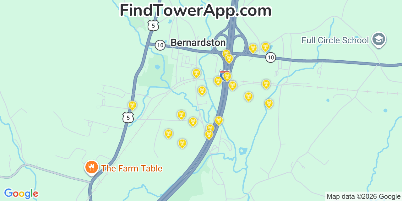 Map showing the 20 primary cell tower locations detected in Bernardston, Massachusetts from AT&T, Verizon, and T-Mobile networks