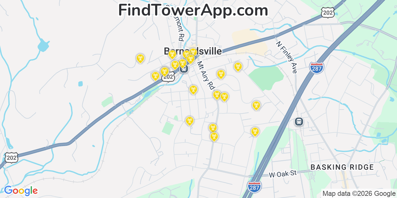 Map showing the 20 primary cell tower locations detected in Bernardsville, New Jersey from AT&T, Verizon, and T-Mobile networks