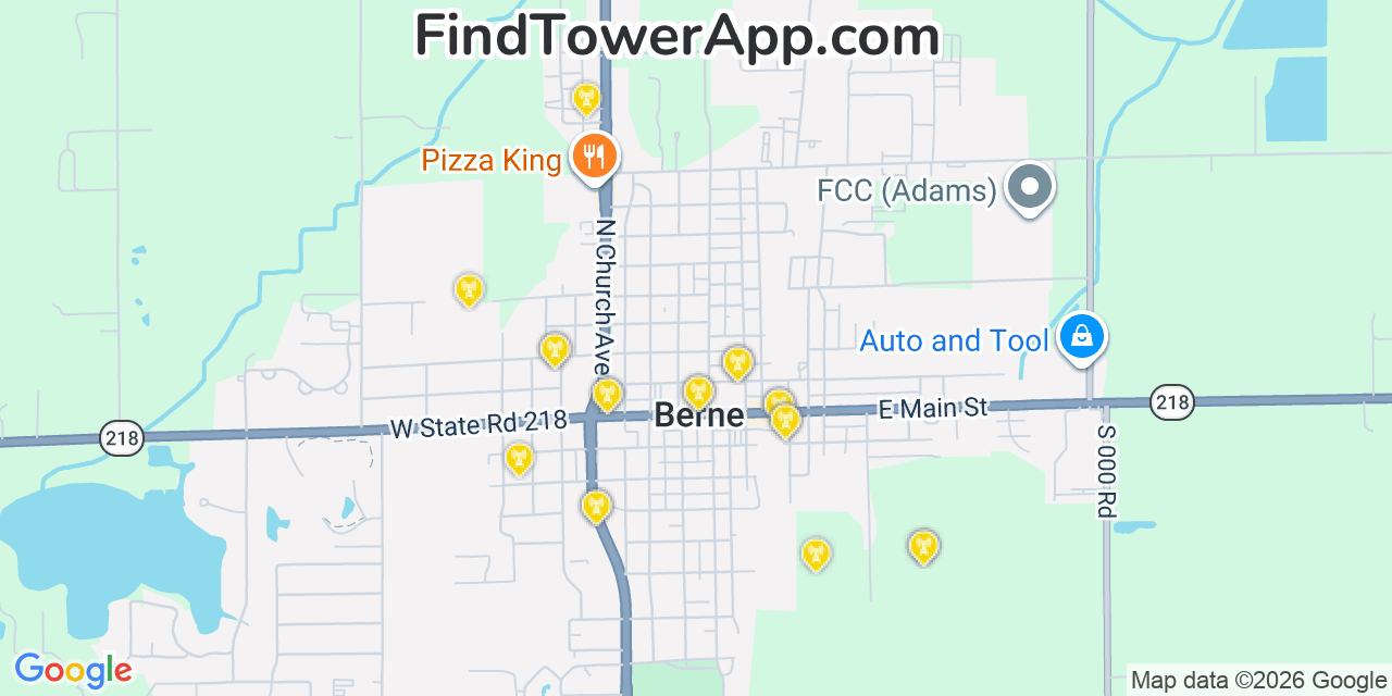 Map showing the 20 primary cell tower locations detected in Berne, Indiana from AT&T, Verizon, and T-Mobile networks