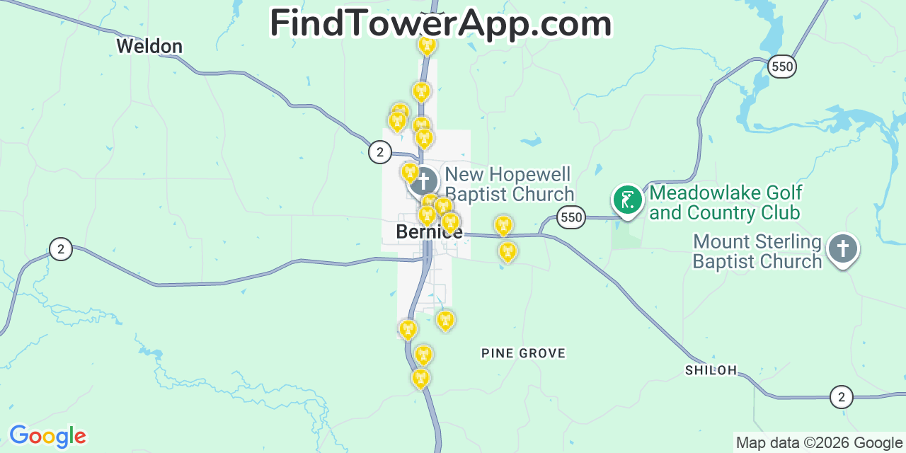 Map showing the 20 primary cell tower locations detected in Bernice, Louisiana from AT&T, Verizon, and T-Mobile networks