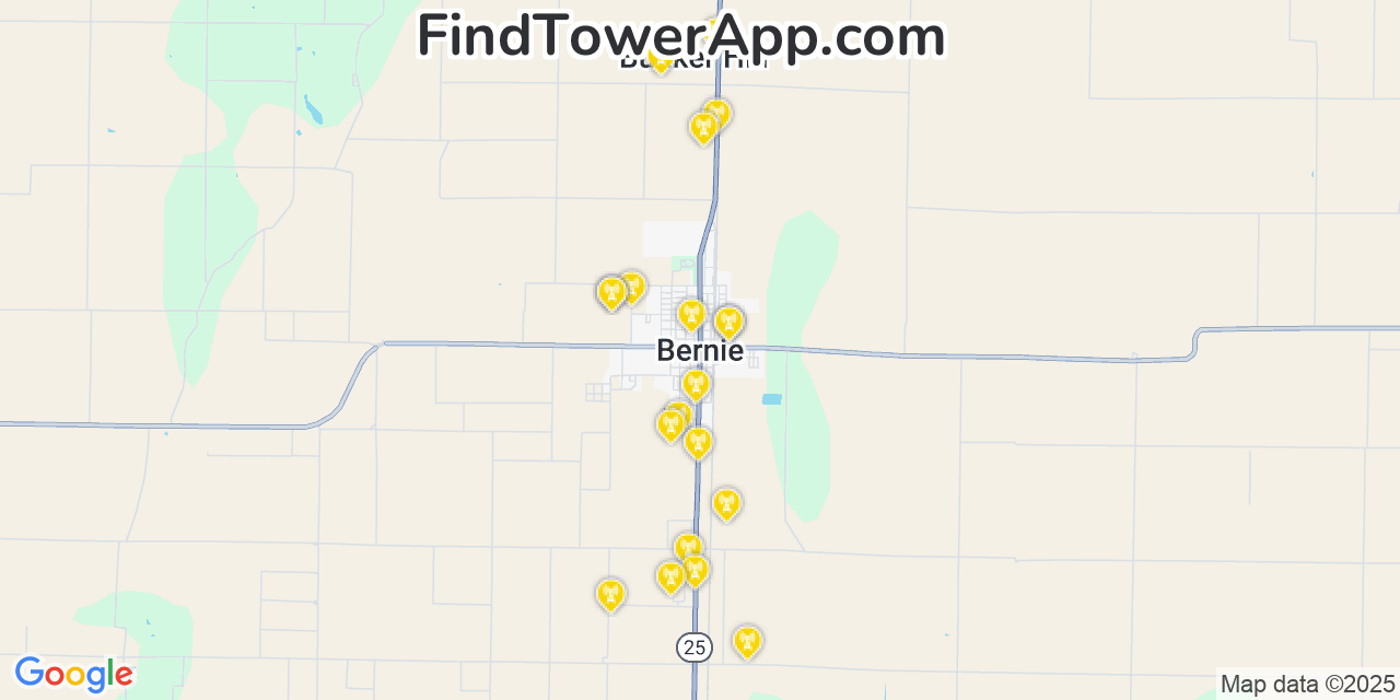 Map showing the 20 primary cell tower locations detected in Bernie, Missouri from AT&T, Verizon, and T-Mobile networks