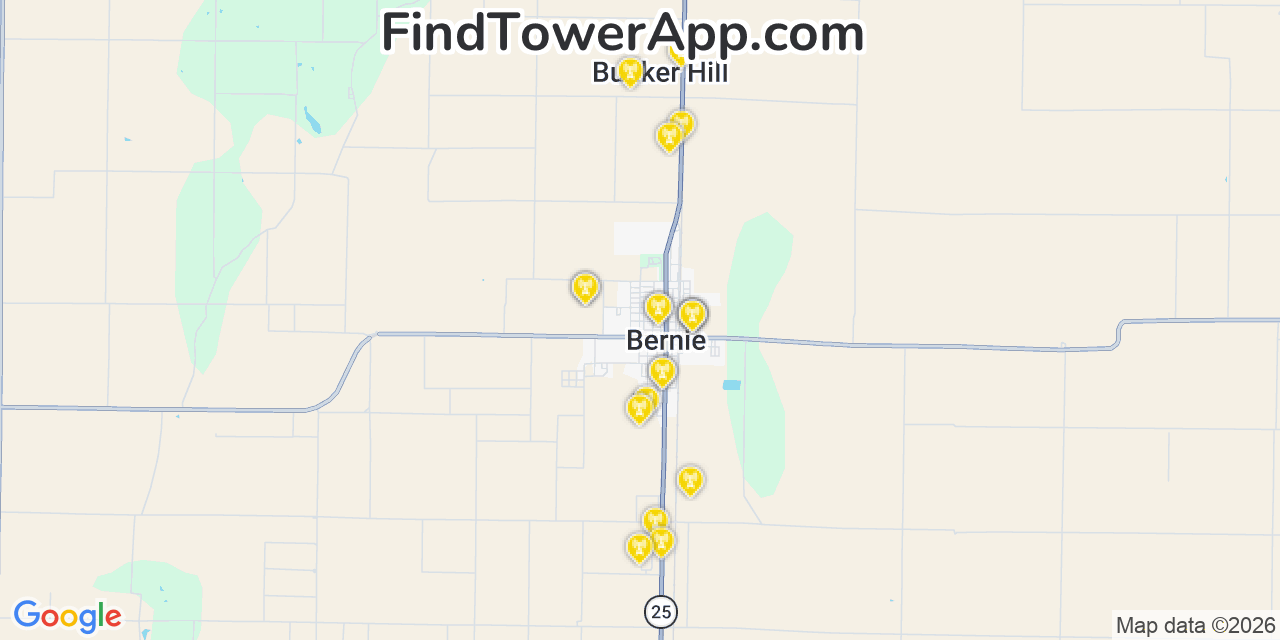 Map showing the 20 primary cell tower locations detected in Bernie, Missouri from AT&T, Verizon, and T-Mobile networks
