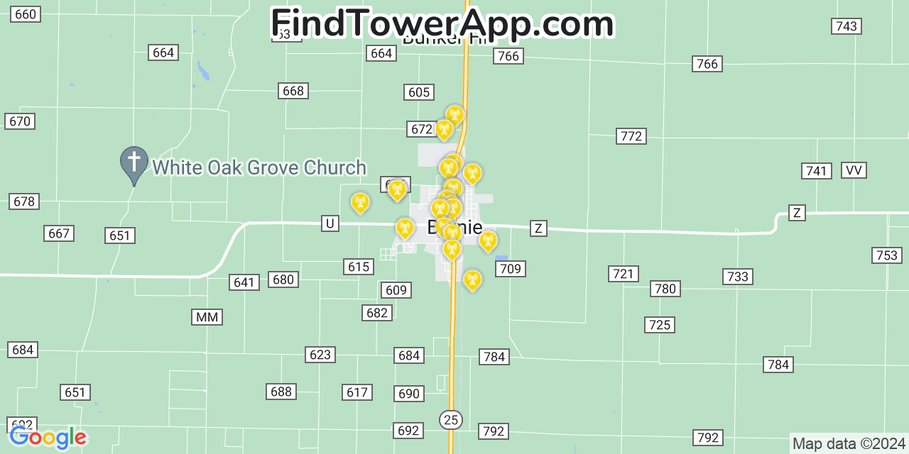 Verizon 4G/5G cell tower coverage map Bernie, Missouri