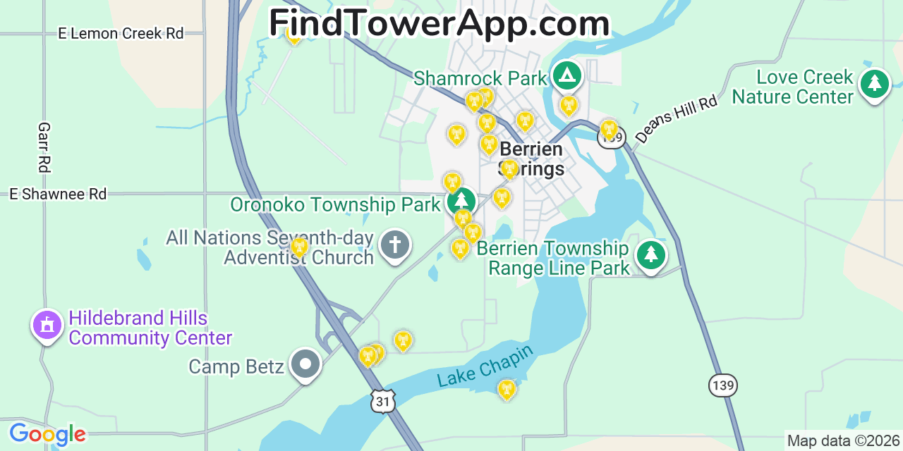 Map showing the 20 primary cell tower locations detected in Berrien Springs, Michigan from AT&T, Verizon, and T-Mobile networks