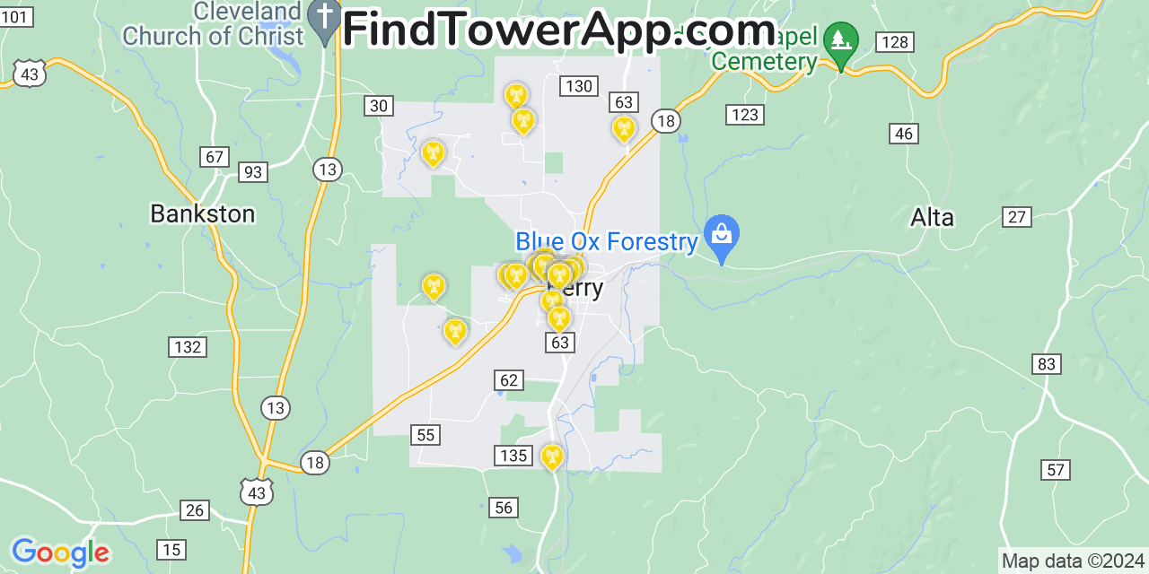 AT&T 4G/5G cell tower coverage map Berry, Alabama