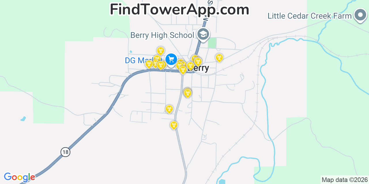 Map showing the 20 primary cell tower locations detected in Berry, Alabama from AT&T, Verizon, and T-Mobile networks