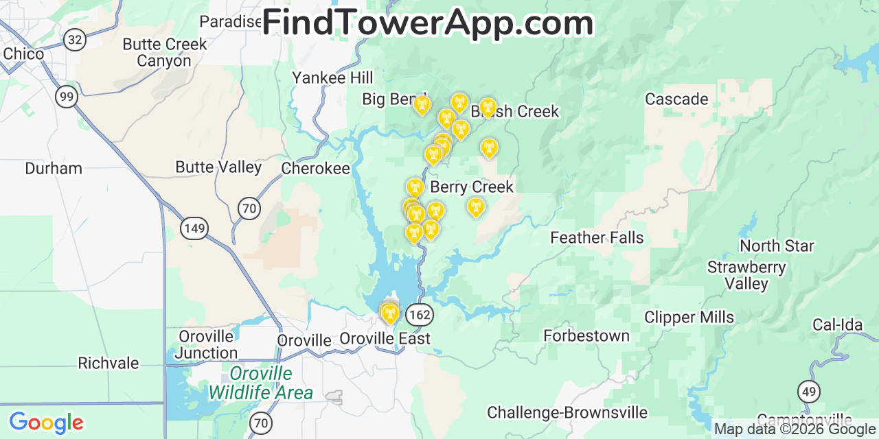 Map showing the 20 primary cell tower locations detected in Berry Creek, California from AT&T, Verizon, and T-Mobile networks