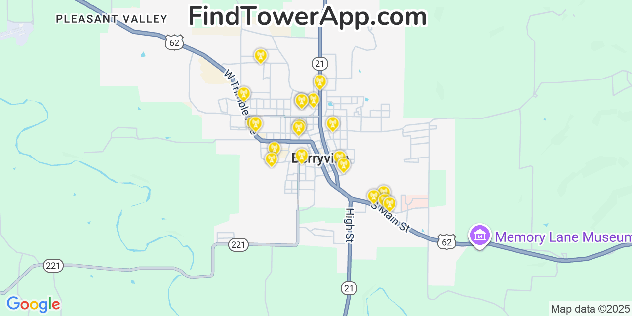 Map showing the 20 primary cell tower locations detected in Berryville, Arkansas from AT&T, Verizon, and T-Mobile networks