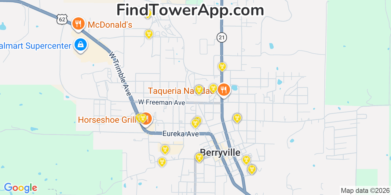 Map showing the 20 primary cell tower locations detected in Berryville, Arkansas from AT&T, Verizon, and T-Mobile networks