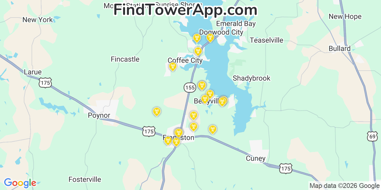 Map showing the 20 primary cell tower locations detected in Berryville, Texas from AT&T, Verizon, and T-Mobile networks