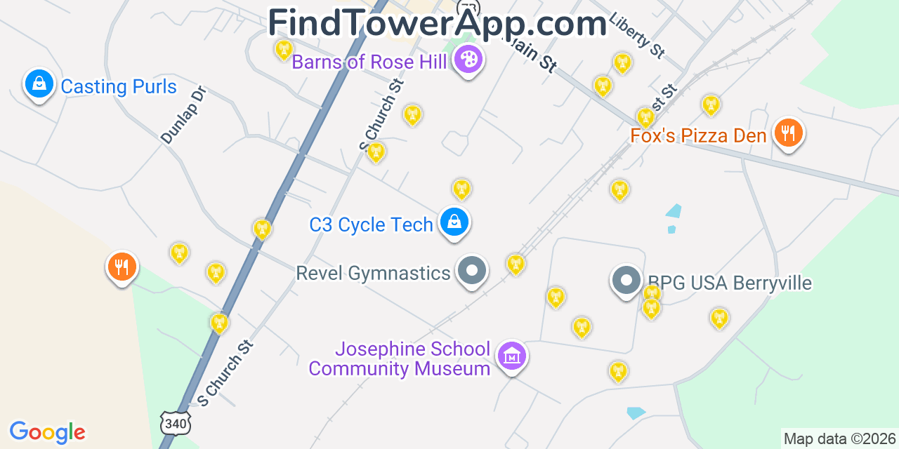 Map showing the 20 primary cell tower locations detected in Berryville, Virginia from AT&T, Verizon, and T-Mobile networks
