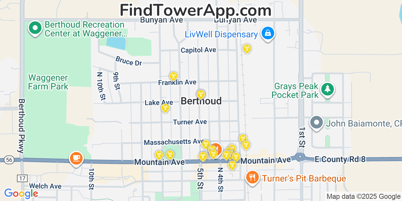 Map showing the 20 primary cell tower locations detected in Berthoud, Colorado from AT&T, Verizon, and T-Mobile networks