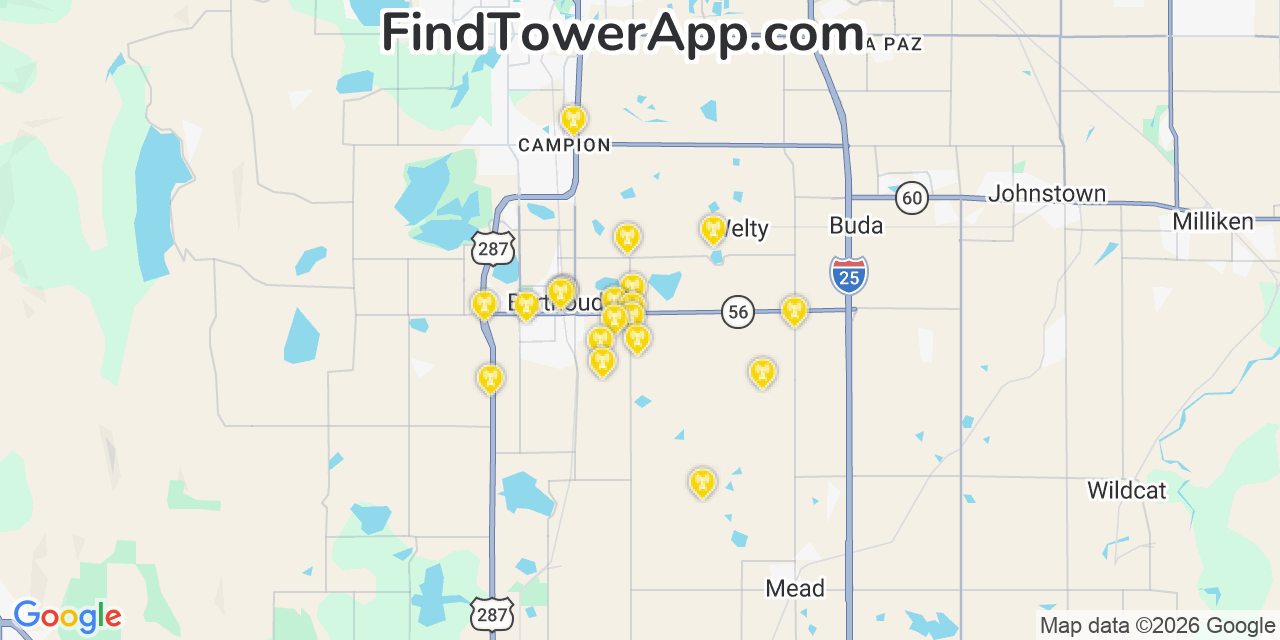 Map showing the 20 primary cell tower locations detected in Berthoud, Colorado from AT&T, Verizon, and T-Mobile networks