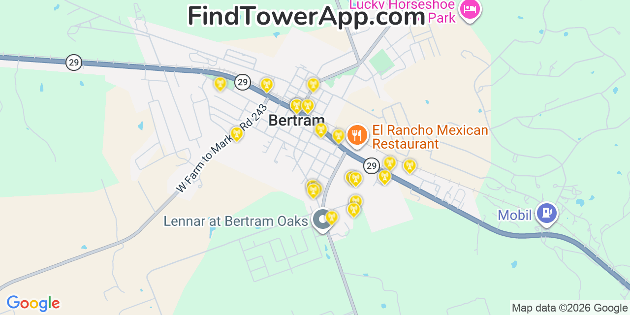 Map showing the 20 primary cell tower locations detected in Bertram, Texas from AT&T, Verizon, and T-Mobile networks