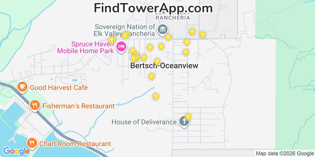 Map showing the 20 primary cell tower locations detected in Bertsch Oceanview, California from AT&T, Verizon, and T-Mobile networks