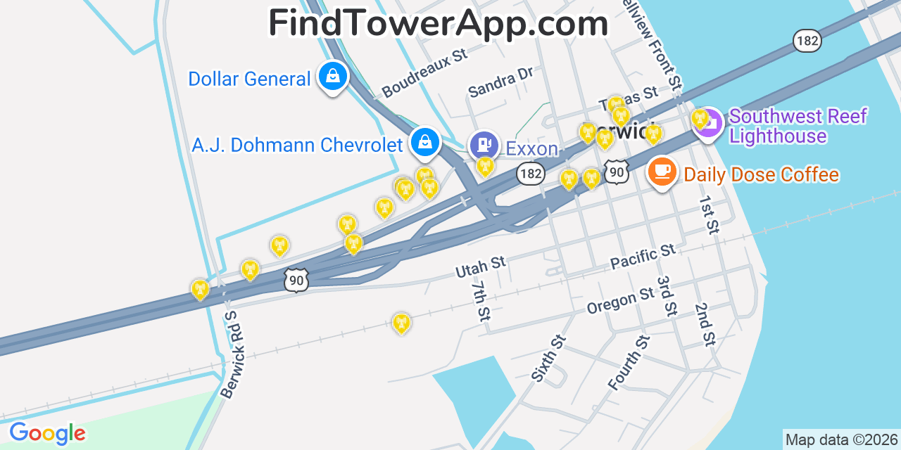 Map showing the 20 primary cell tower locations detected in Berwick, Louisiana from AT&T, Verizon, and T-Mobile networks