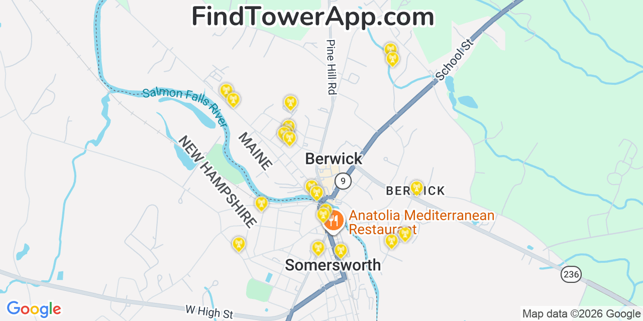 Map showing the 20 primary cell tower locations detected in Berwick, Maine from AT&T, Verizon, and T-Mobile networks